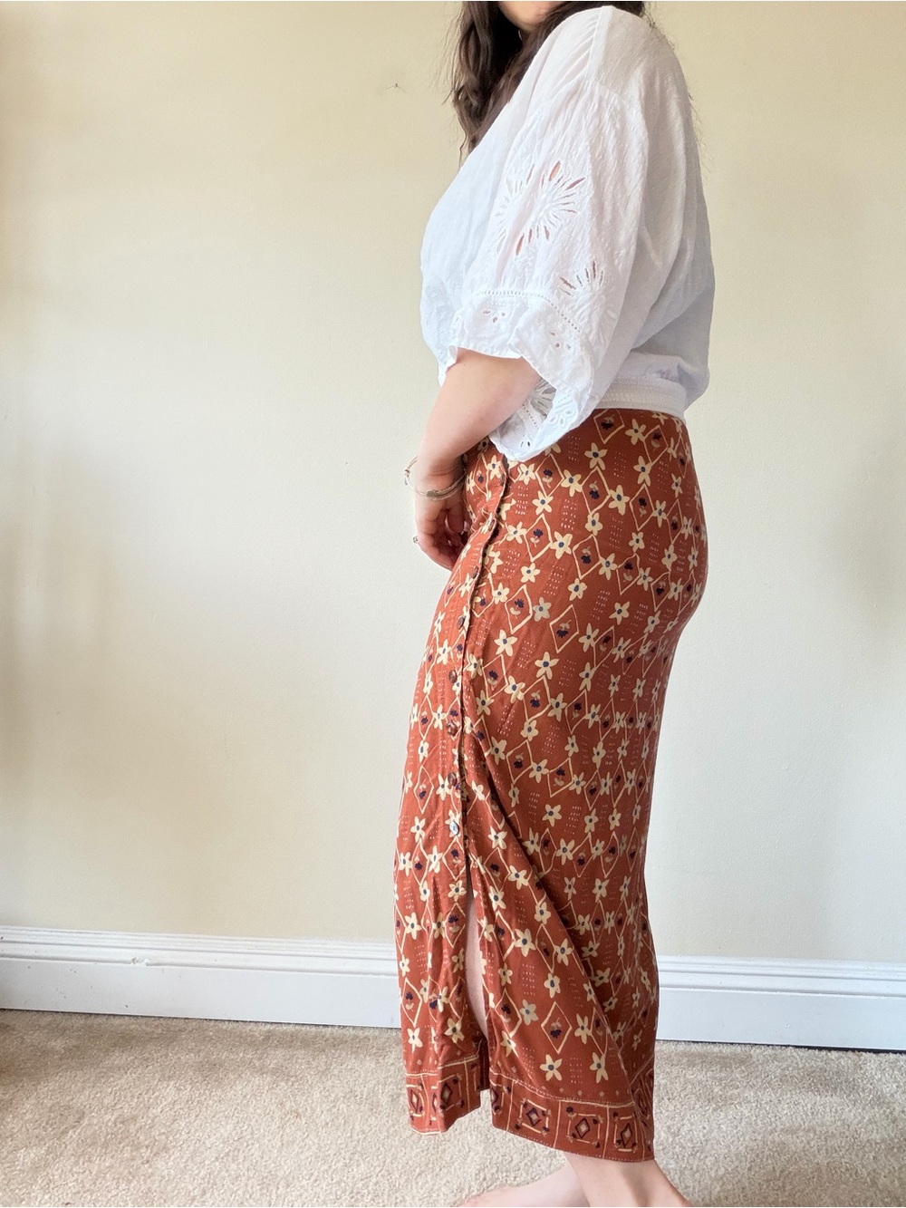 Vintage Sigrid Olsen Embroidered Rust Floral Midi Skirt - Picture 3 of 8